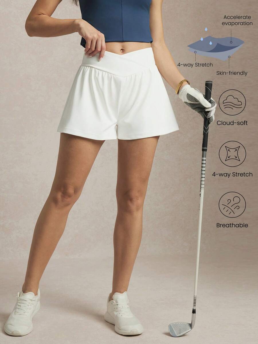Activina Women's Asymmetric Waistband Double-Layer Golf Shorts,Solid White Old Money Chic Activewear For Running,Cycling,Yoga,Tennis&Gym Daily Wear