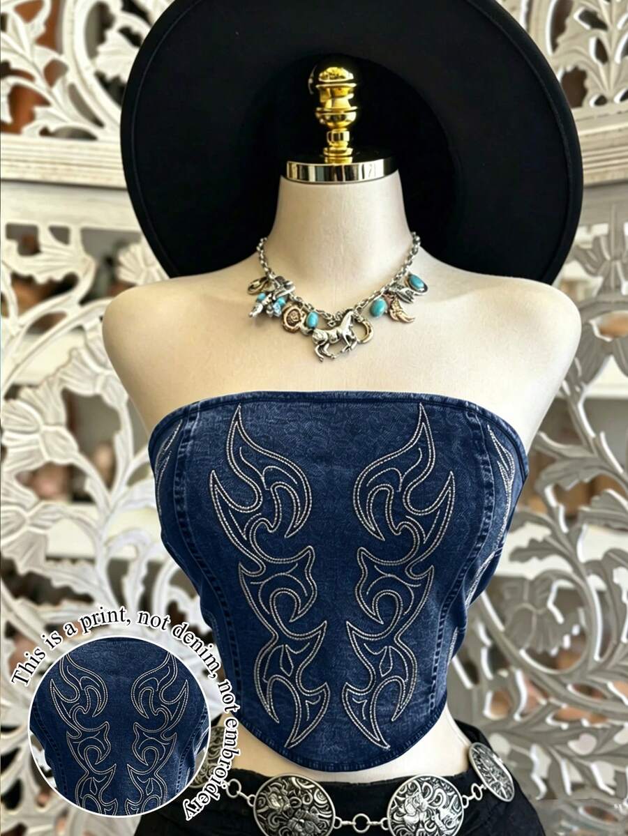 EMERY ROSE 女款時尚牛仔效果仿刺繡上衣 - 藍色 - 查看 1