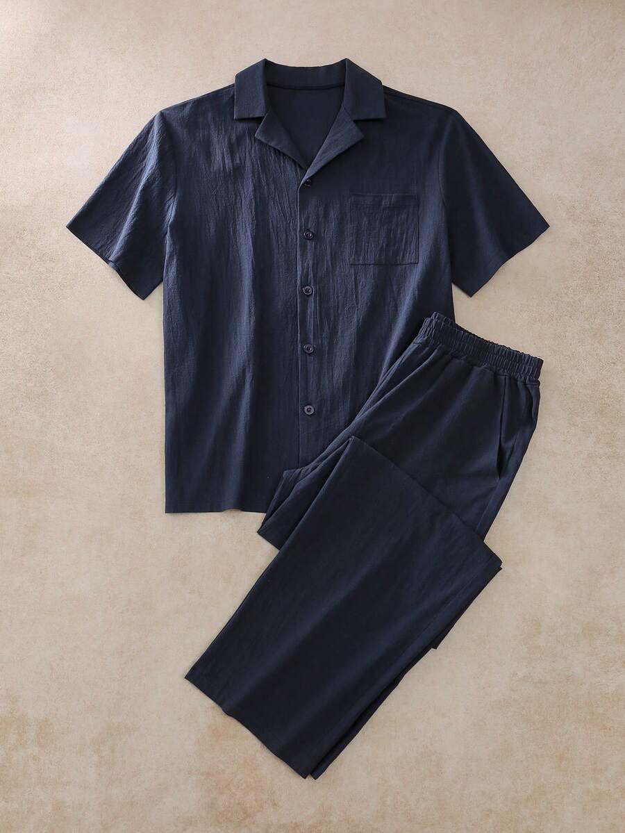 SHEIN 男士休閒棉質居家服套裝 - 藏蓝色 - 查看 1