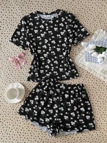 SHEIN 青少年女孩睡衣套裝，碎花印花圓領T恤與短褲居家服，休閒風 - 彩色 - 查看 6