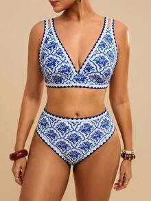 Travachic Conjunto de traje de baño con estampado floral fucsia para mujer talla grande - Azul y blanco - Ver 6