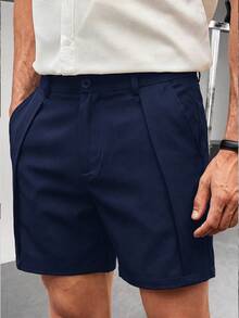 Manfinity RebelGame Men's Solid Color Pleated Casual Shorts With Pockets - Blue - View 7