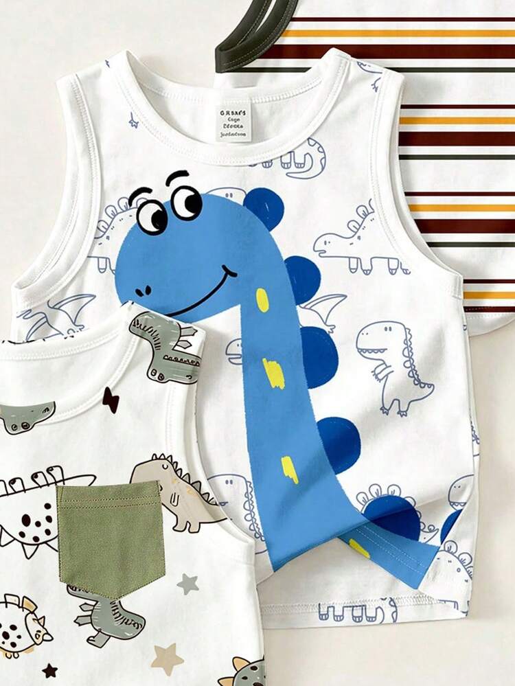 Conjunto de 3 piezas de camisetas sin mangas casuales minimalistas y cómodas para niños pequeños, adecuadas para primavera/verano - Multicolor - Añade 3