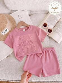SHEIN Setelan 2 Potong untuk Bayi Perempuan, Motif Kartun 3D Kasual Lucu Warna Pink, Atasan Lengan Pendek Timbul dan Celana Pendek Pinggang Elastis - Dusty Pink - View 1