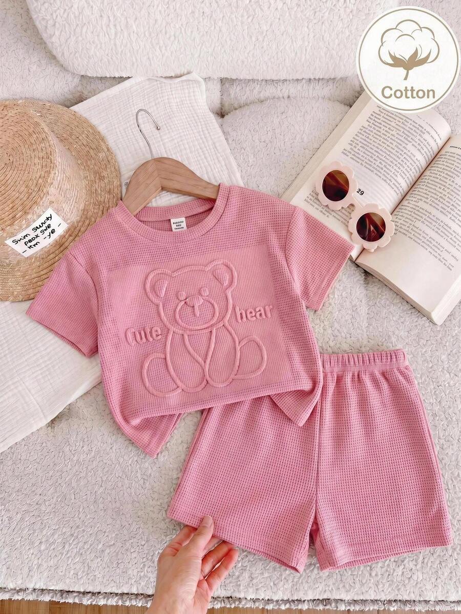 SHEIN Setelan 2 Potong untuk Bayi Perempuan, Motif Kartun 3D Kasual Lucu Warna Pink, Atasan Lengan Pendek Timbul dan Celana Pendek Pinggang Elastis - Dusty Pink - View 1