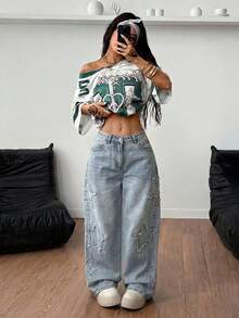 Coolane Women's Rapper Athleisure Grunge Star Pattern Washed Jeans - Light Wash - View 3