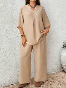 EMERY ROSE Plus Size Women Solid Color Rolled Sleeve Shirt And Pants Casual 2 Pieces Set - Khaki - View 4