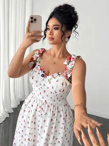 SHEIN Clasi Plus Size Women's Summer Chiffon Vintage Fairycore Celestial Cottage Core Rose Print Spaghetti Strap Tie-Waist Fit Flare Dress Red And White - Multicolor - View 7