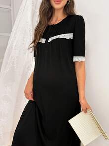 Moonlight&Mama Contrast Color Lace Patchwork Ruched Design Small Round Neck Opening Maternity Nightgown Dress - Black - View 5
