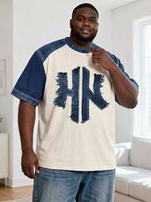 Manfinity Roghcode Men's Retro  Color Block Drop Shoulder Short Sleeve T-Shirt With H Letter Print,Summer,Casual,Streetwear,City Break,Light Blue Graphic Tee - Multicolor - View 1