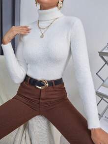 Selamara 女款純色高領長袖修身休閒毛衣 - 白色 - 查看 5