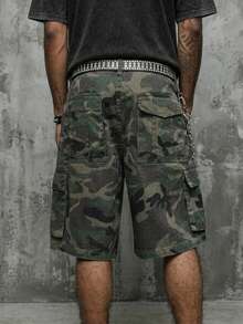 Manfinity ZONE917 Men Plus Size Casual Street Style Multi-Pocket Distressed Camouflage Wide Leg Denim Shorts - Army Green - View 2