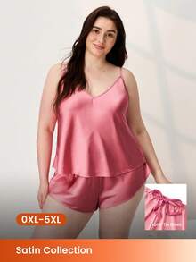 LUVLETTE Conjunto de Pijama Sexy de Cetim Plus Size para Mulheres, Regata e Shorts, Roupa de Dormir Sedosa com Decote em V, Roupa de Estar - Rosa chiclete - Visão 1