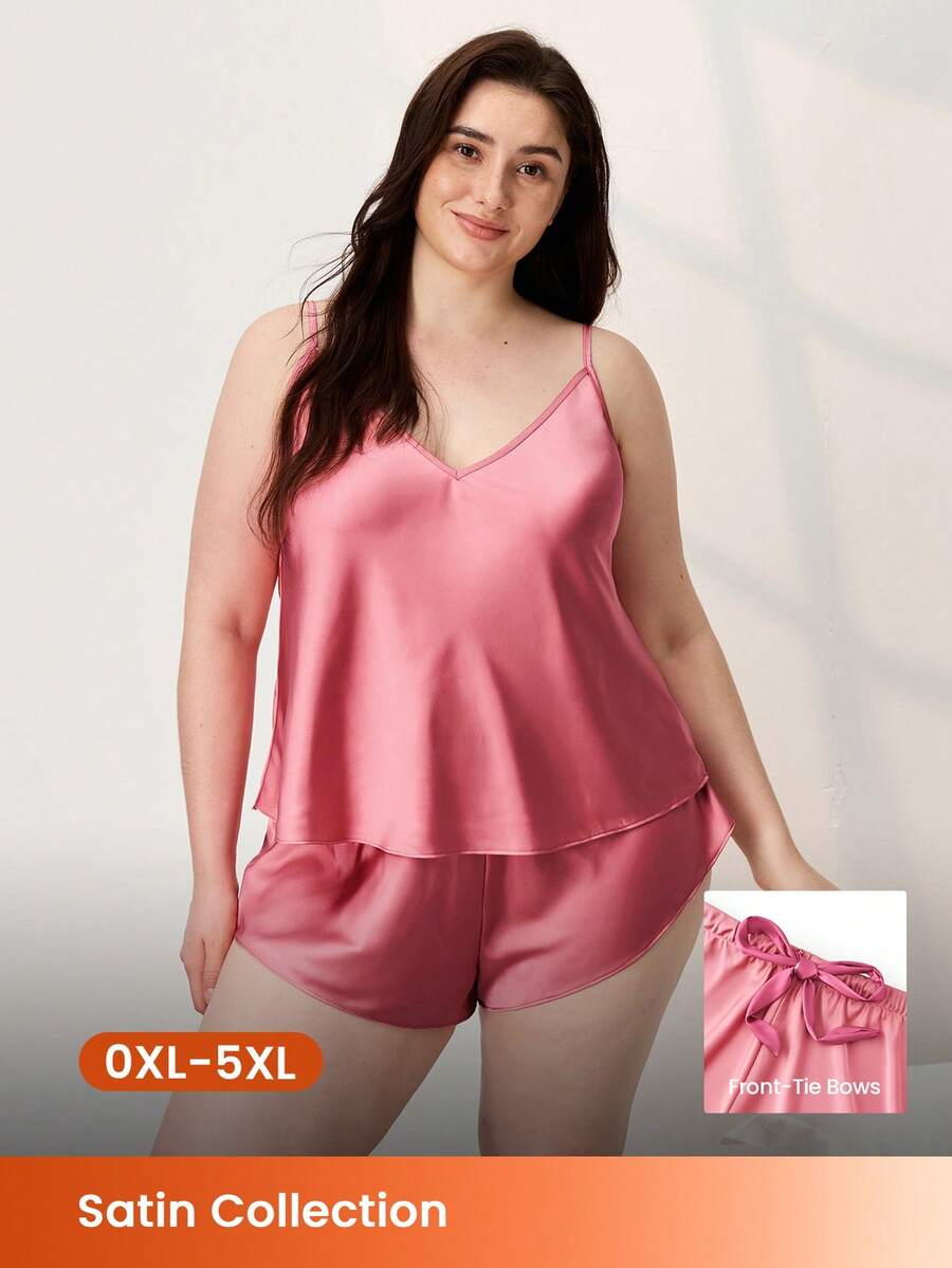 LUVLETTE Conjunto de Pijama Sexy de Cetim Plus Size para Mulheres, Regata e Shorts, Roupa de Dormir Sedosa com Decote em V, Roupa de Estar - Rosa chiclete - Visão 1