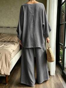 DAZY Spring Summer Women's Loose Fit Shirt Top And Flowy White Pants 2 Pieces Set Vacation - Grey - View 2