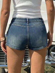 SHEIN EZwear 女士夏季街头水洗翻盖口袋牛仔短裤 - 淺色水洗藍 - 查看 4