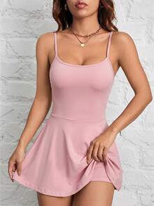 SHEIN PETITE 女款細肩帶A字下擺純色可收納運動休閒日常防走光連身寬褲 - 粉色 - 查看 5
