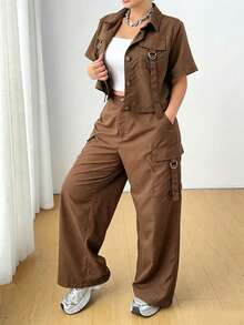 Flirla Plus Size Casual Utility Shirt And Pants Set With Sash - Khaki - View 3