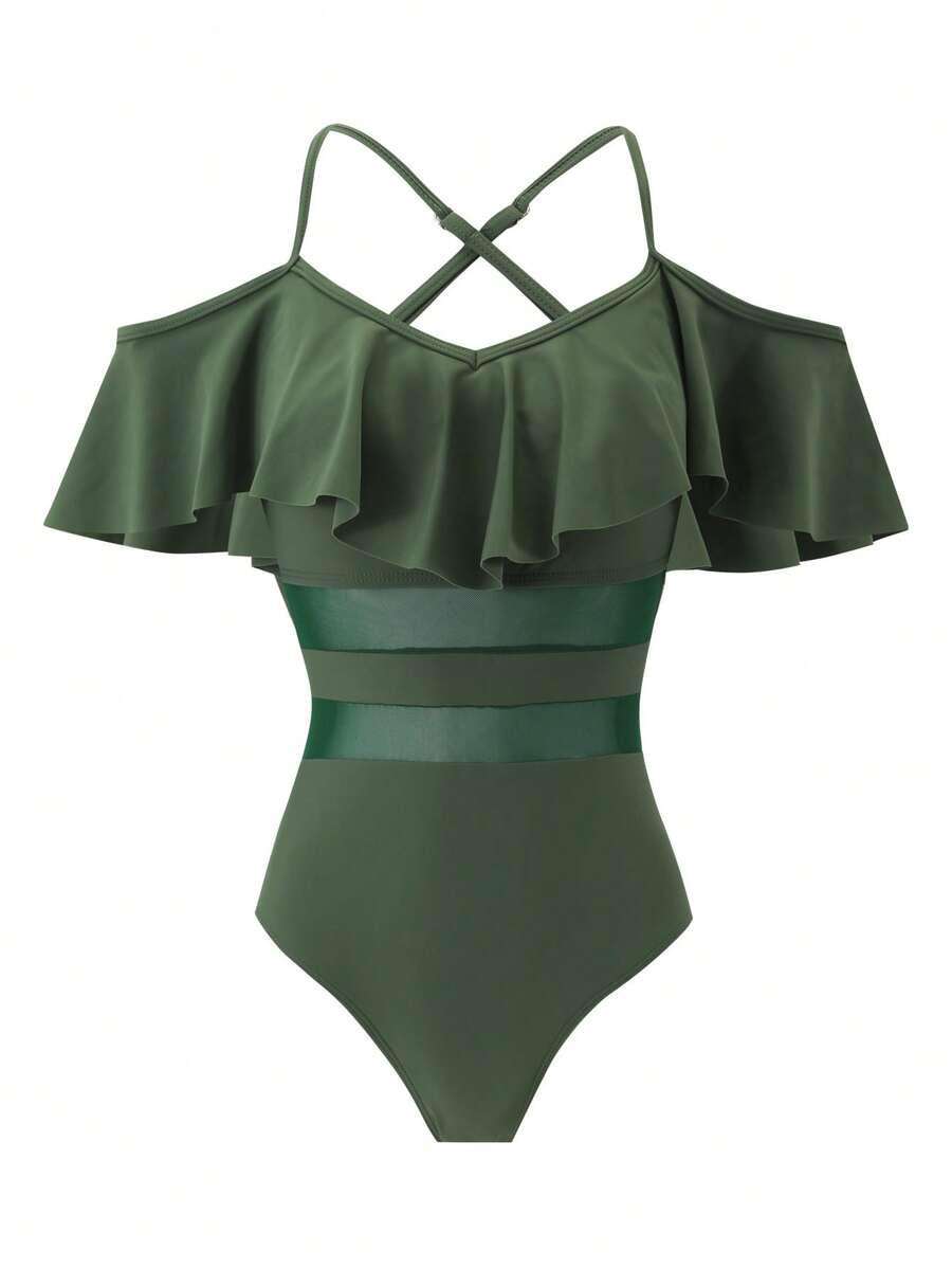 SHEIN Swim Baju Renang Terusan Wanita Motif Jala, Cocok Untuk Liburan Pantai, Pesta Kolam Renang, Pesta Pantai - Hijau - View 1