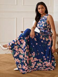 Lilora Floral Round Neck Pleated Dress, High-End Fashion Versatile Elegant Dress, Suitable For Commuting, Daily Tea Party Casual, Outings, Gatherings - Multicolor - View 1