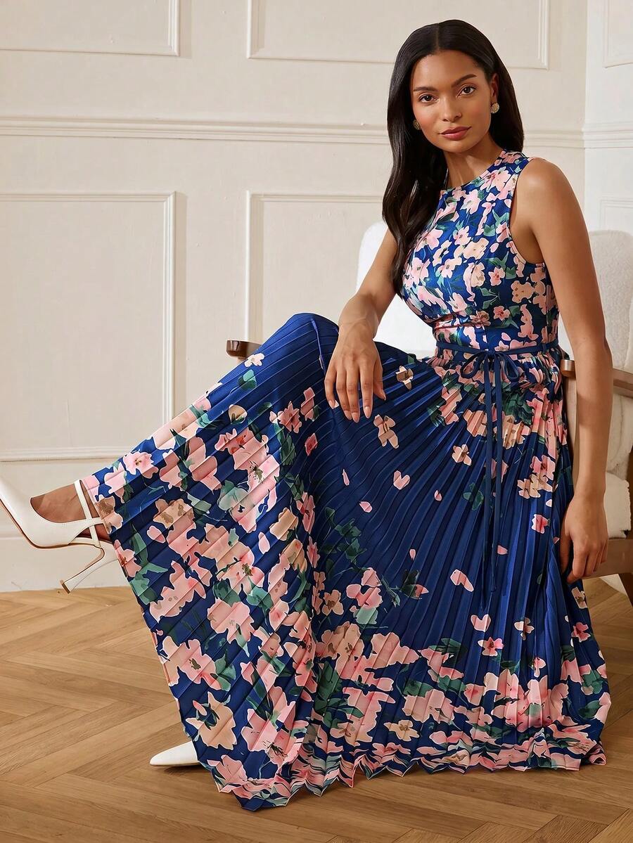 Lilora Floral Round Neck Pleated Dress, High-End Fashion Versatile Elegant Dress, Suitable For Commuting, Daily Tea Party Casual, Outings, Gatherings - Multicolor - View 1