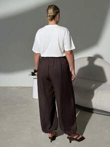 SHEIN Tall CURVE Plus Size Women's Chocolate Brown Drawstring Pants Vacation Autumn Elegant Fall Formal Casual Elegant Business Carribean - Brown - View 6