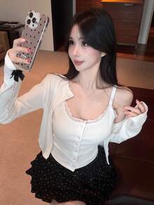 DAZY 女款兩件套：對比蕾絲細肩帶上衣與短版長袖上衣，春/秋季 - 白色 - View 7