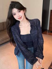 DAZY 春秋藍色韓風細肩帶背心與格紋襯衫開襟外套兩件套，休閒寬鬆街頭風可愛通勤女款T恤 - 藏蓝色 - 查看 8