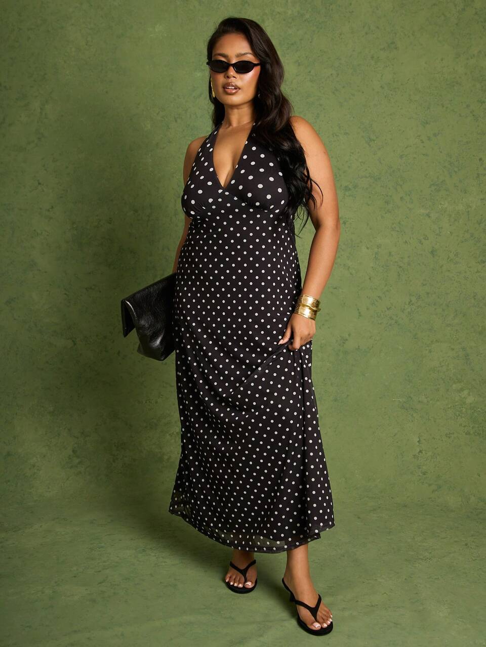 Plus Size Polka Dot Halter Neck Maxi Dress Smart Elegant Chic Spot Monochrome Races Day Dress Wedding Guest Dress Occasion Birthday Party Summer Holiday Vacation