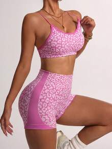 SHEIN Sports 女士豹纹交叉扭结肩带运动文胸和短裤瑜伽健身套装 - 玫紅色 - 查看 4
