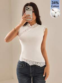SHEIN PETITE 女款蕾絲拼接修身休閒日常上衣，適合嬌小女性 - 白色 - 查看 10