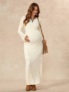 Boho Mama فستان حمل بلون موحد برقبة دائرية وأكمام طويلة بقصة ضيقة وأنيقة وكاجوال مناسب لجلسات التصوير باللون الأبيض للصيف والخريف - لون مشمشي - مشاهدة 8