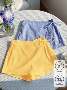 Comfortcana 2pcs/Set Plus Size Women's Summer Casual Linen Bow Striped Skirt Pants And Yellow Drawstring Wrap Shorts Set, Suitable For Beach Holiday - Multicolor - View 1