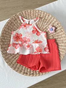 SHEIN Playful Pals 2件組女嬰幼兒/新生兒0-3歲春夏多巴胺熱情色度假外出細肩帶上衣+短褲套裝嬰兒春夏服飾 - 紅色 - View 3