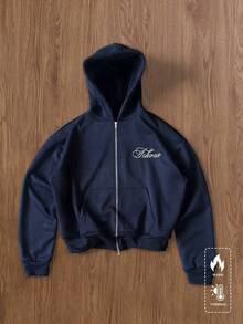TOKVUE Sudadera con capucha con cremallera y bolsillos con letras bordadas para hombre - Azul Marino - Ver 2