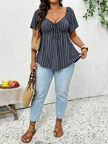 SHEIN Frenchy Casual Spring/Summer Nautical Style Blue & White Striped Pattern Off-Shoulder Drawstring Plus Size Women's T-Shirt, Vacation Women's Off-Shoulder Summer Top - Multicolor - View 5