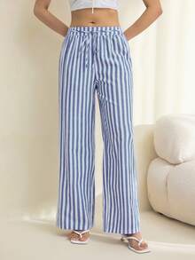SHEIN Tall 3pcs Set Black Blue And White Textured Fabric With Thick Stripes Nautical Style Vacation Women's Casual Waist Tie With Pockets Straight Leg Pants - Multicolor - View 5