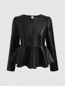 SHEIN Tween Girl PU Lapel Waist-Cinching A-Line Long Sleeve Black Jacket, Suitable For Fall/Winter - Black - View 3
