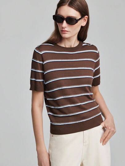 Ontre Women's Coffee Brown & Blue Striped Comfortable Skin-Friendly Premium Fabric Fitted Round Neck Regular Shoulder Short Sleeve Waist Metal Buckle Decor Knit Top, Modern Bohemian Vacation Beach Country Music Western Style Casual Fashion Low-Key Old Money Luxury Cruise Wear Minimalist Quiet Luxury Quality Essential Outfit, Fashion Business Casual Urban Women's Office Commuter High-Quality Airport Wear All-Season Versatile Vacation Special Series T-Shirt