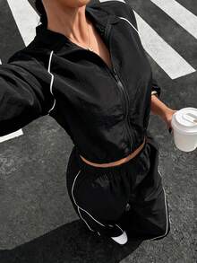 SHEIN 青少年女孩秋季套裝 2件/套 時尚休閒運動風 黑色立領夾克與長褲套裝，時尚俐落 - 黑色 - 查看 7