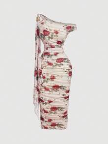 SHEIN MOD Chic Women's Red Rose Print Midi Dress With One Shoulder Design And Ruched Detail Ideal For Parties - Multicolor - View 3