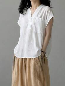 SHEIN 女款亞麻苧麻舒適寬鬆V領襯衫，夏季新款，鈕扣細節，常規長度上衣，度假全白休閒風 - 白色 - 查看 1