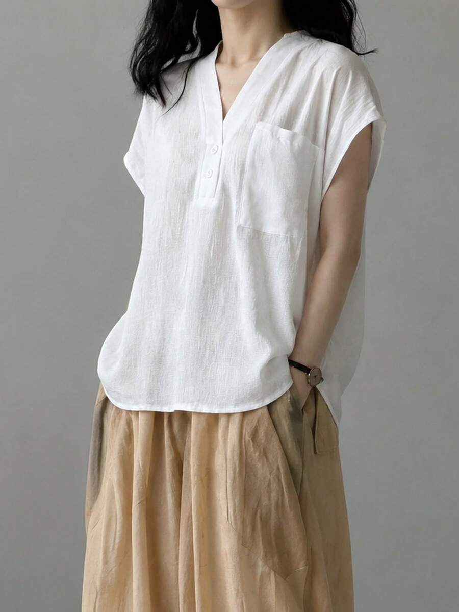 SHEIN 女款亞麻苧麻舒適寬鬆V領襯衫,夏季新款,鈕扣細節,常規長度上衣,度假全白休閒風 - 白色 - 查看 1
