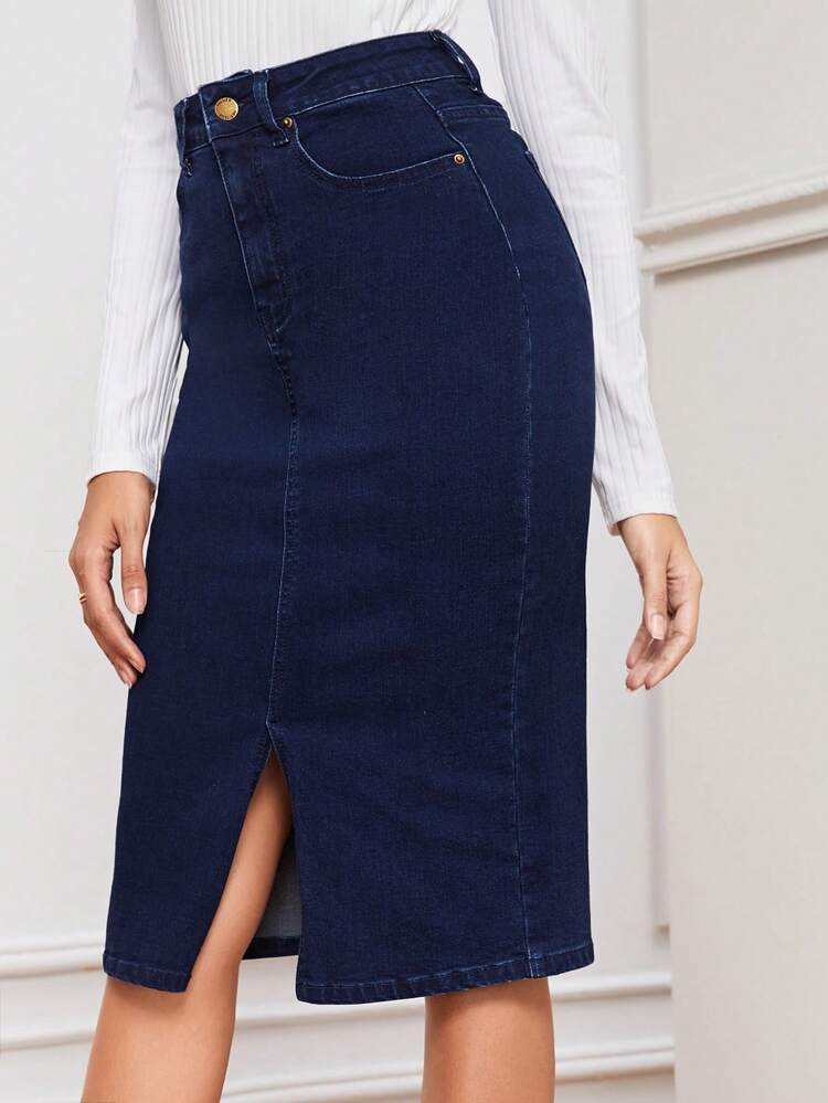 EMERY ROSE Ficka Delad Dragkedja Slätt Denim Kjol - Mörktvätt - Visa 6