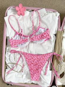 Swim Mod Conjunto de bikini de mujer para vacaciones de primavera/verano con estampado floral pequeño, soporte frontal, cintura con cordón y cordón lateral - Multicolor - Ver 2