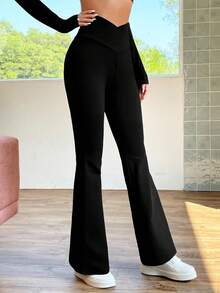 SHEIN EZwear 黑色高腰修身喇叭褲女款長褲 - 黑色 - 查看 5