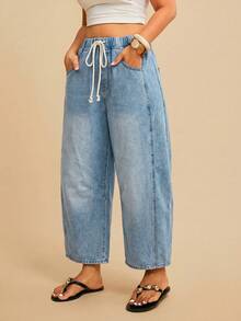 Travachic Women's High-Waisted Loose-Fitting Drawstring Belt Pocket Casual Streetwear Tapered Jeans Cropped Length Light Blue Summer Back-To-School Y2K Travel - Medium Wash - View 6