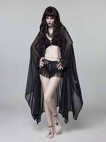 ROMWE Goth 春夏度假沙滩哥特风透视蝙蝠袖上衣 - 黑色 - 查看 1