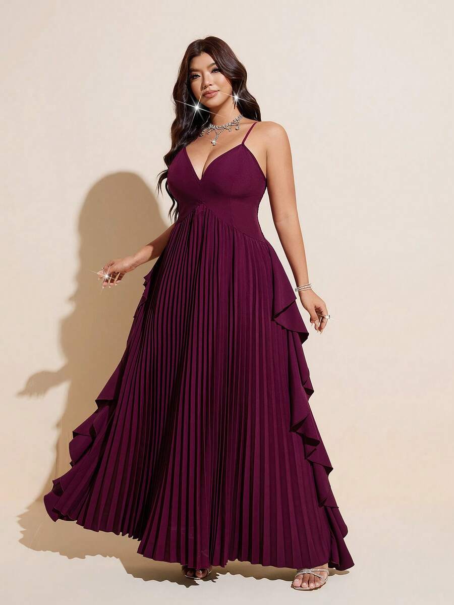 Viva Relle Plus Size Solid Color Spaghetti Strap V-Neck Pleated Evening Dress - Maroon - View 1