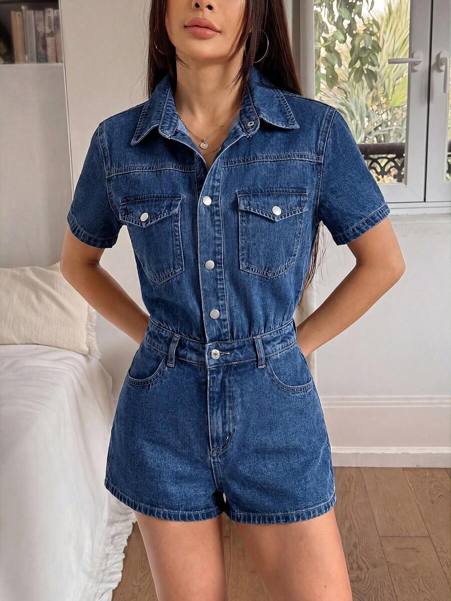 Rivivi 女款短袖單排扣休閒街頭風牛仔連身褲 淺藍色 夏季旅行度假款 - 深色水洗藍 - 查看 1